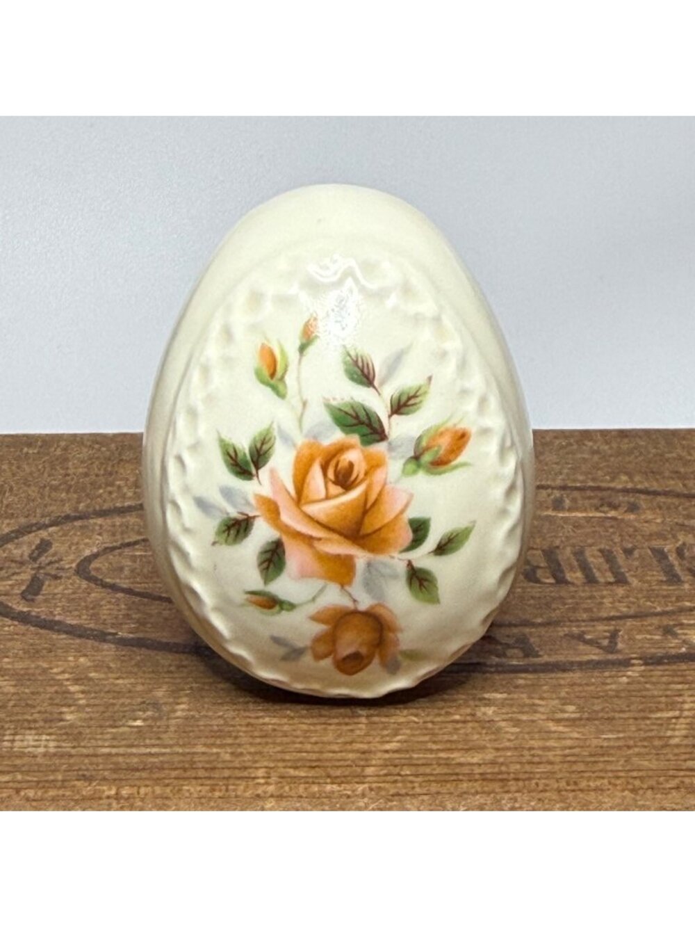 Vintage Stoneware Ceramic Decorative Easter Egg Rose Pattern Collectible Cottage